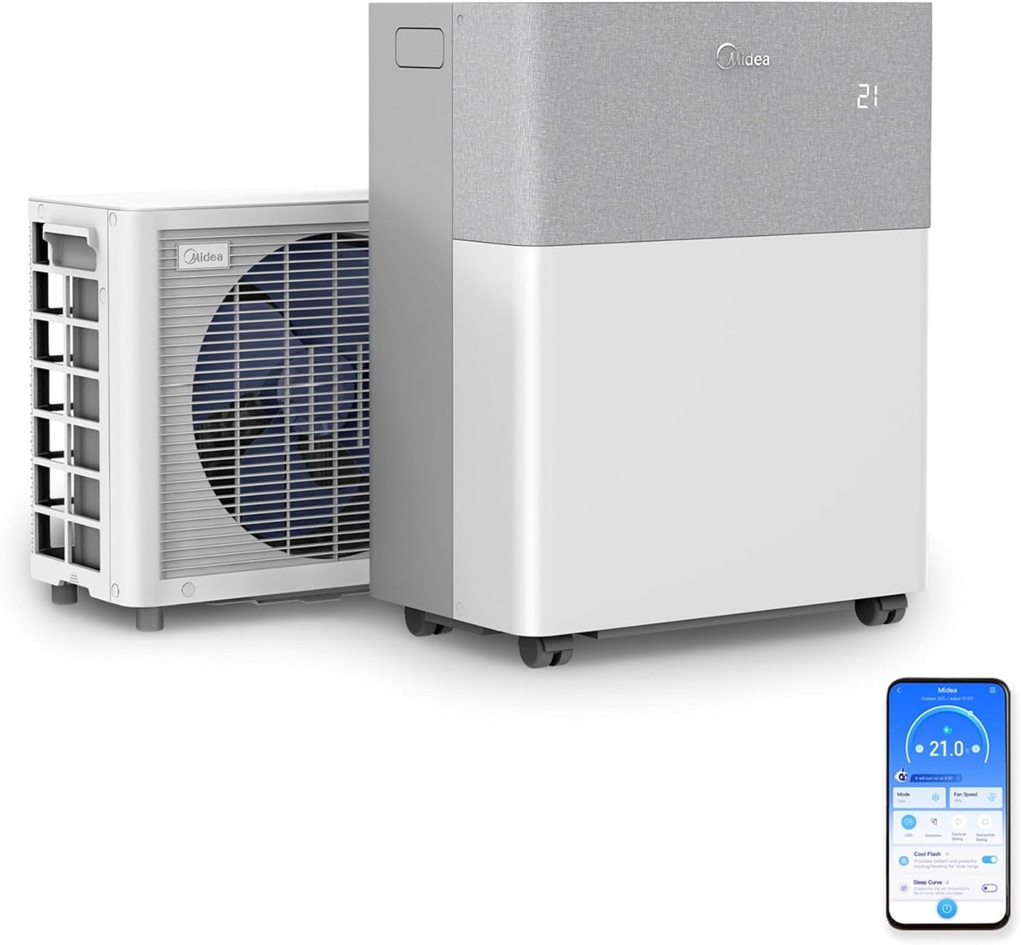 Midea Portasplit Air Conditioning, Mobile Heat Pump, Cooling A++/Heating A+, 12000 BTU 3.5 kW, for Rooms up to 42 m² / 105 m³, Only 39 dB(A) in Silent Mode