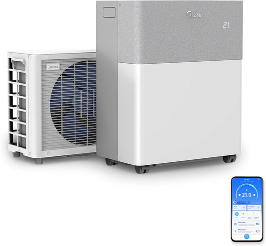 Midea Portasplit Air Conditioning, Mobile Heat Pump, Cooling A++/Heating A+, 12000 BTU 3.5 kW, for Rooms up to 42 m² / 105 m³, Only 39 dB(A) in Silent Mode