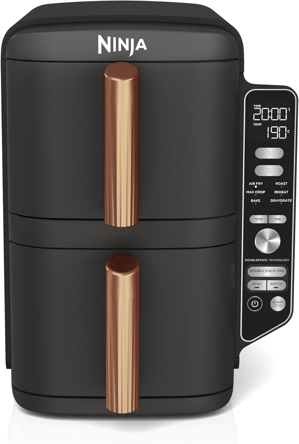 Ninja Double Stack XL Hot Air Fryer, 2 Vertical Drawers, 4 Cooking Levels, 2 Slots, Space Saving Design, 9.5L Capacity, 6 Functions, 8 Servings, Tongs, Black/Copper SL400EUCP