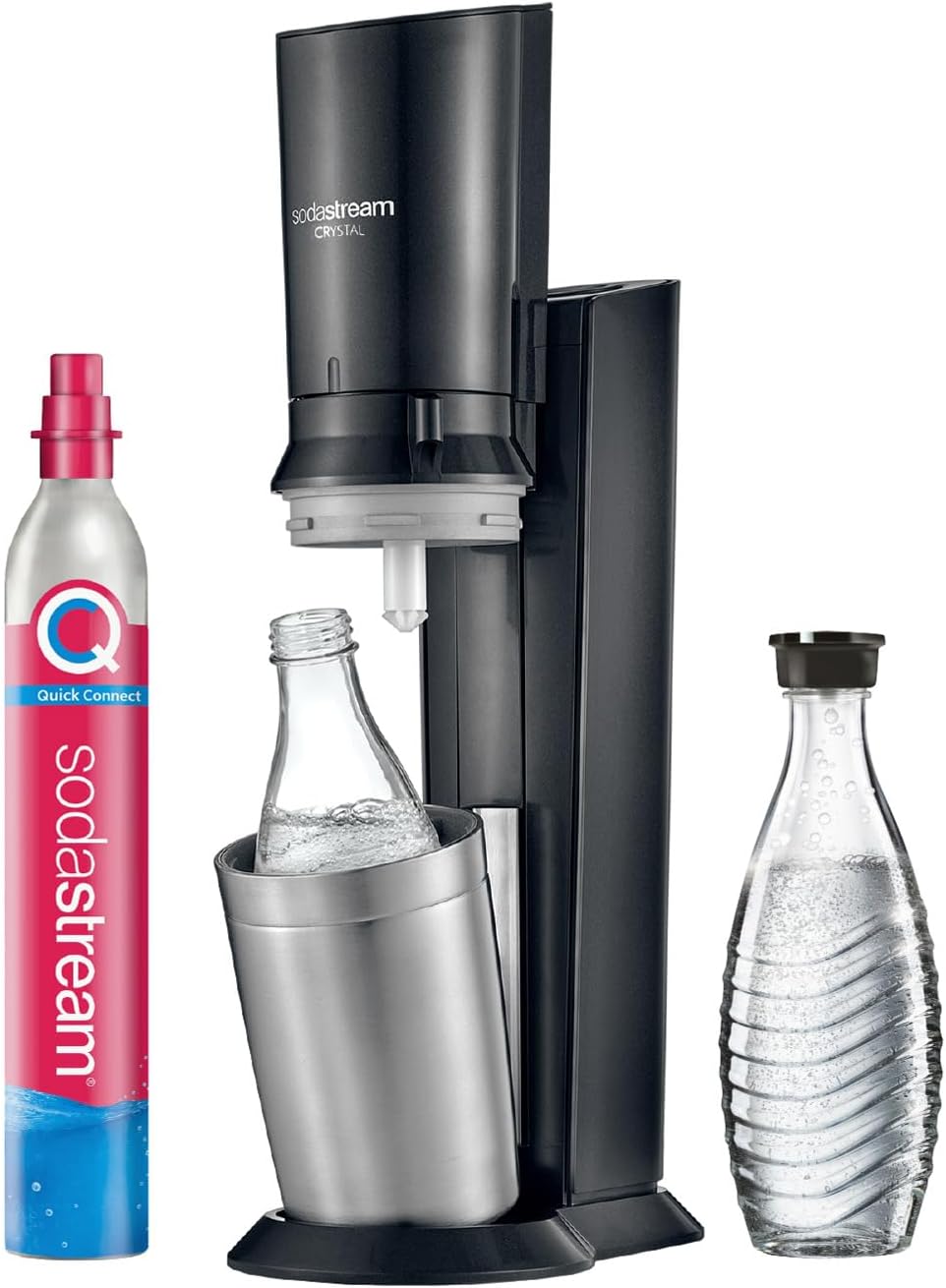 SodaStream Crystal 3.0 Wassersprudler mit 1x Quick-Connect CO2-Zylinder und 2X Glaskaraffen, Silber, Schwarz, Titan, 45 cm