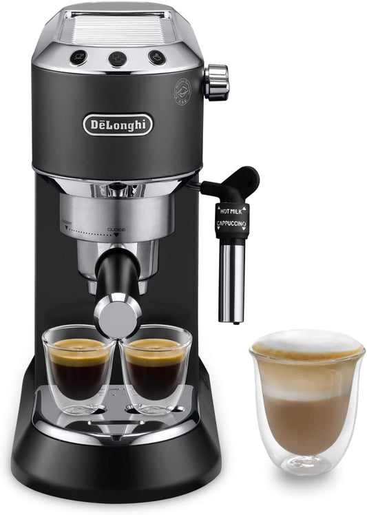 De'Longhi Dedica Style EC 685.BK Espresso Filter Holder Espresso Machine with Professional Milk Foam Nozzle 15 cm Wide 1 Litre Water Tank Full Metal Casing E.S.E Pads Black