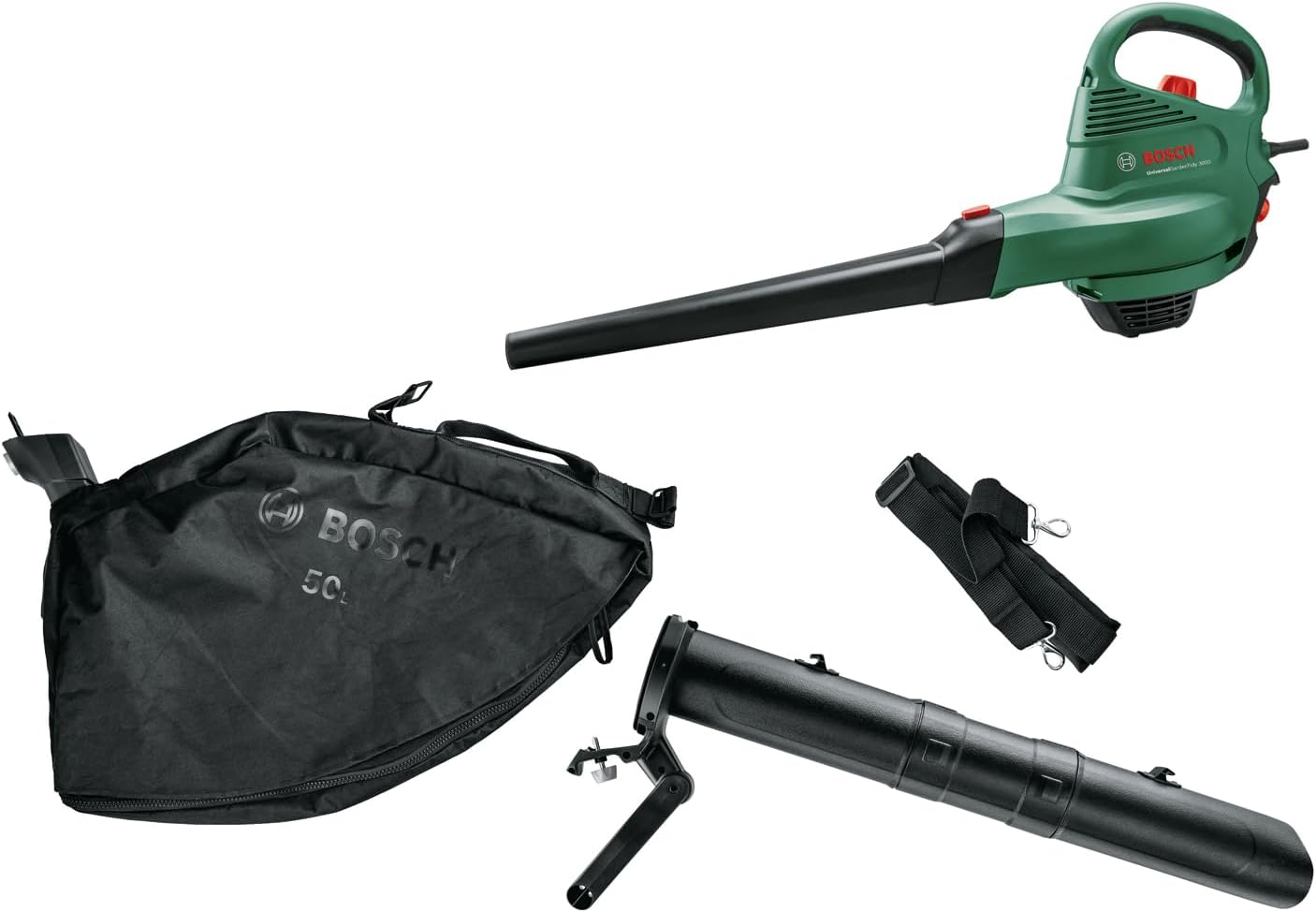 Bosch Home and Garden UniversalGardenTidy Electric Leaf Vacuum Cleaner/Leaf Blower (3000 W, Collection Bag 50 L, Continuous Speed Setting, for Blowing, Vacuuming and Chopping Leaves, in Box) Green,