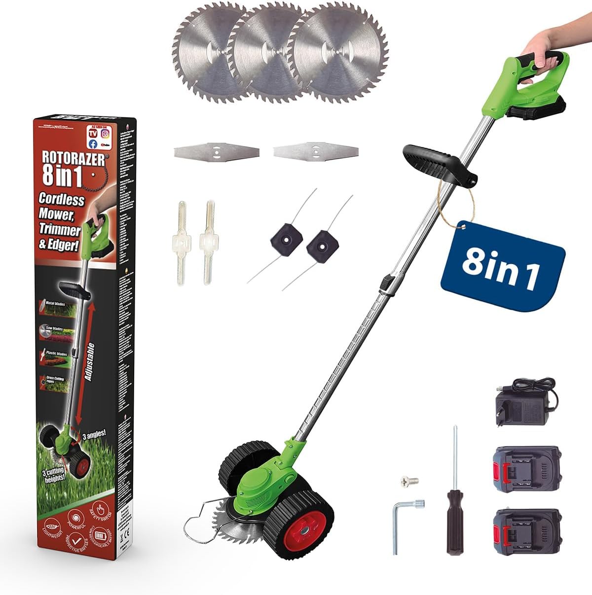 Genius Rotorazer 8 in1 Gartengerät Set 23-TLG. Akku Rasentrimmer Rasenkantenschneider Freischneider mit 2 Akku, Einstellbarer Schnitttiefe, 7 Messerscharfe Klinen, ausziehbare Teleskopstange, Garten