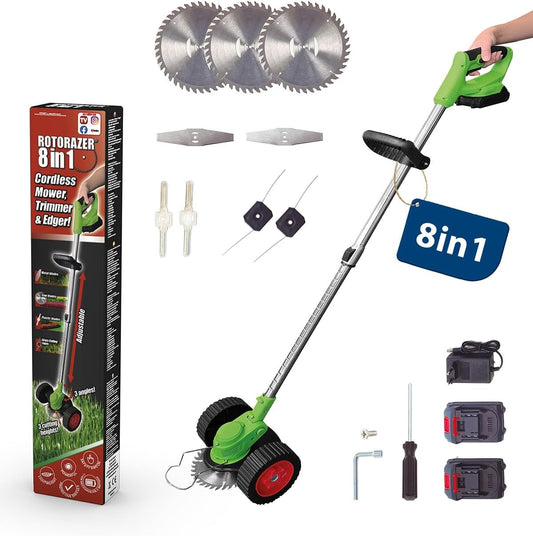 Genius Rotorazer 8 in1 Gartengerät Set 23-TLG. Akku Rasentrimmer Rasenkantenschneider Freischneider mit 2 Akku, Einstellbarer Schnitttiefe, 7 Messerscharfe Klinen, ausziehbare Teleskopstange, Garten