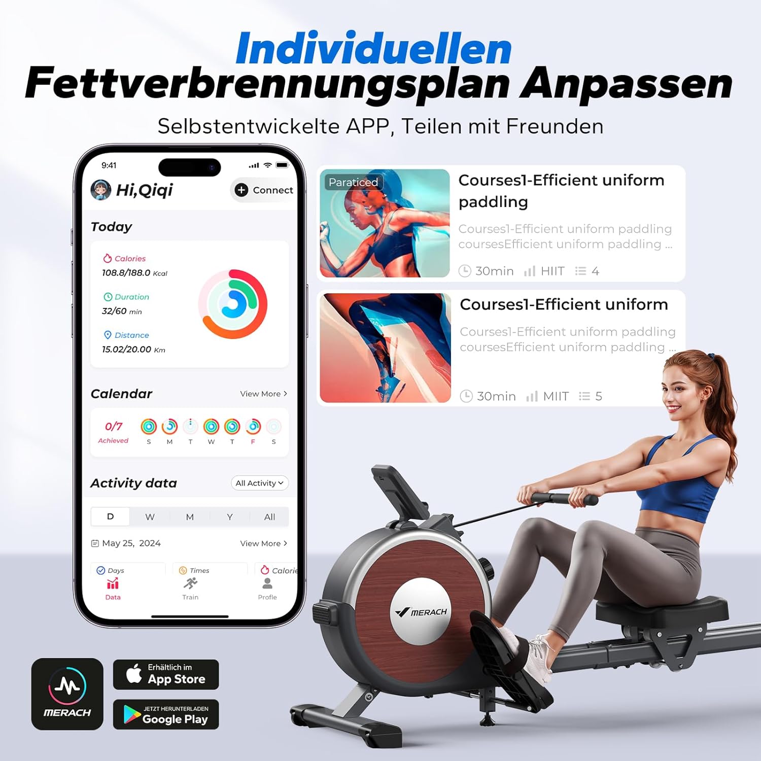 MERACH Rudergerät für Zuhause, 16 Widerstandsstufen, Leises Magnetisches Rudergerät, per App Verbindbar, Verbesserte Doppelschienen für Mehr Stabilität, Einfache Montage