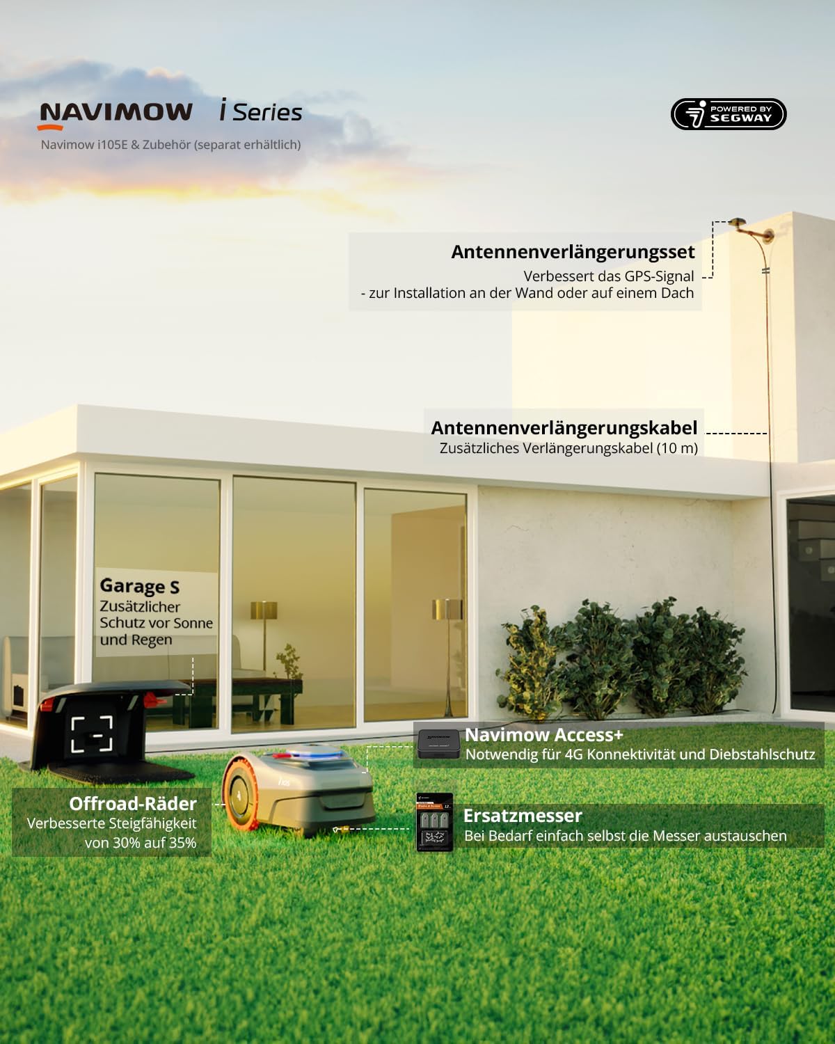 Navimow i105E Robotic Lawnmower without Boundary Cable, Reception 500 m², Max. 600 m², RTK+Vision Lawn Mower Robot Test Winner, Hedgehog Protection Lawn Robot, AI Car Mapping, Virtual Limiting,