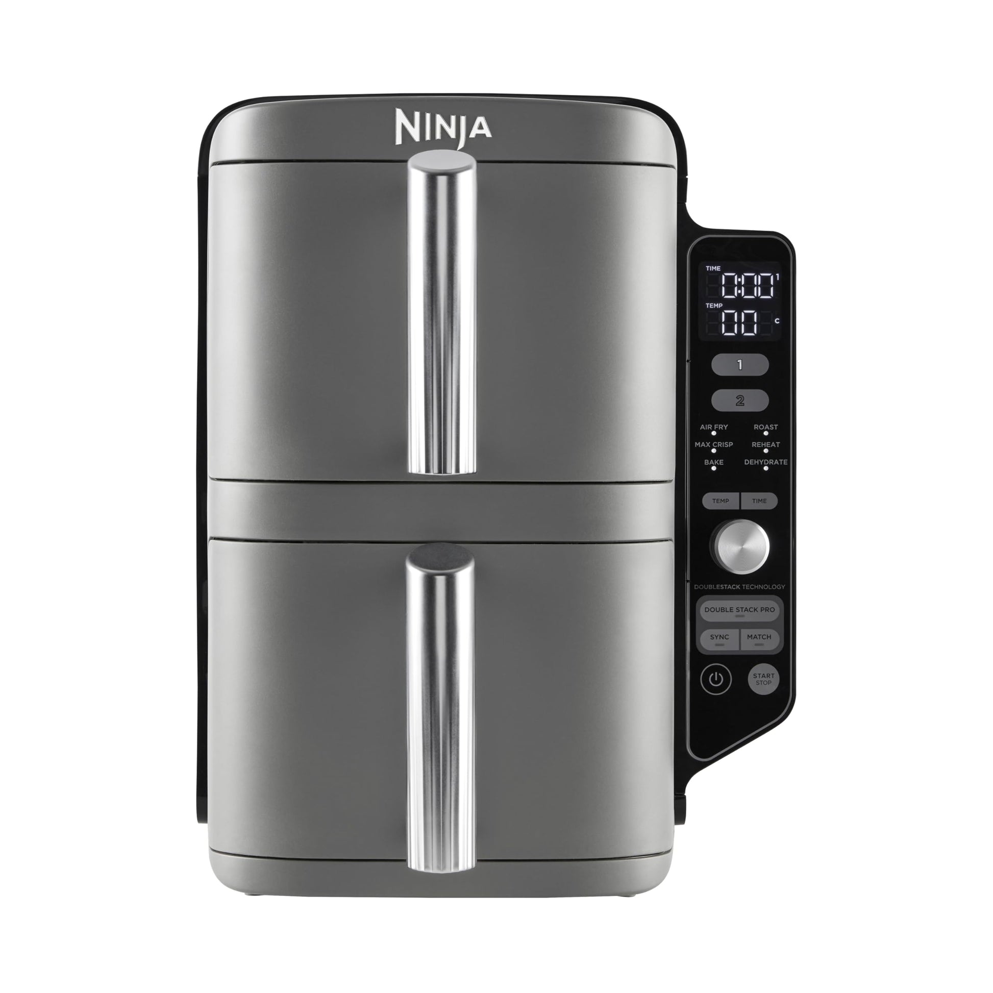Ninja Double Stack XL Hot Air Fryer, 2 Vertical Drawers, 4 Cooking Levels, 2 Slots, Space Saving Design, 9.5L Capacity, 6 Functions, 8 Servings, Tongs, Black/Copper SL400EUCP