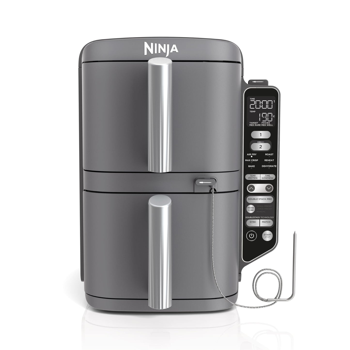Ninja Double Stack XL Hot Air Fryer, 2 Vertical Drawers, 4 Cooking Levels, 2 Slots, Space Saving Design, 9.5L Capacity, 6 Functions, 8 Servings, Tongs, Black/Copper SL400EUCP