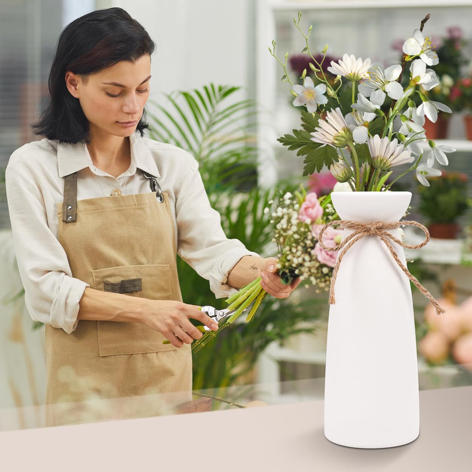 YUTUY Vase Weiß,Keramik Vase für Pampasgras,Keramikvase Weiß Gefrostet 23 cm,Boho Deko Ideal zur Lagerung von Trockenblumen&Frische Blumen,Blumenvase Deko Wohnzimmer, Schlafzimmer Home Decoration