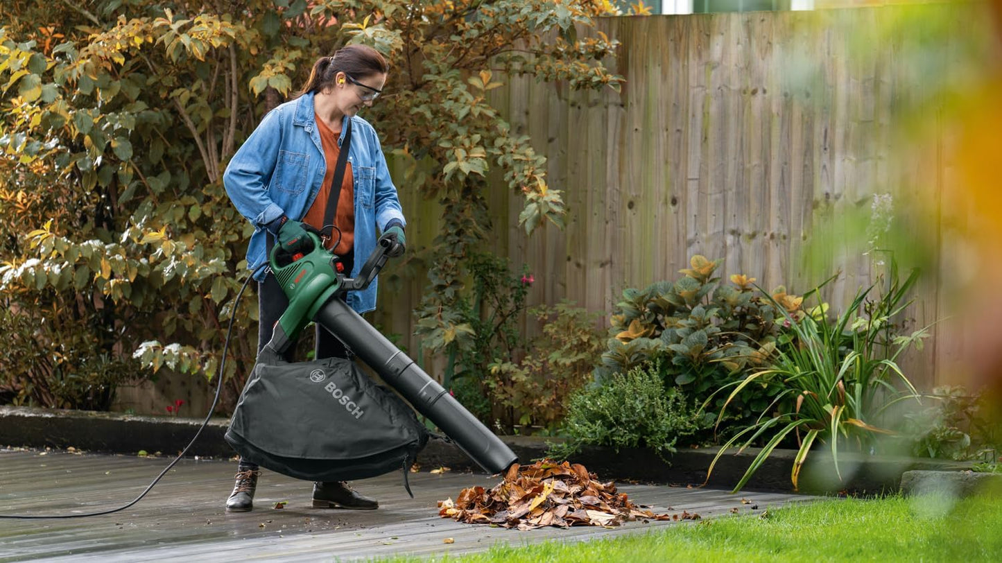 Bosch Home and Garden UniversalGardenTidy Electric Leaf Vacuum Cleaner/Leaf Blower (3000 W, Collection Bag 50 L, Continuous Speed Setting, for Blowing, Vacuuming and Chopping Leaves, in Box) Green,