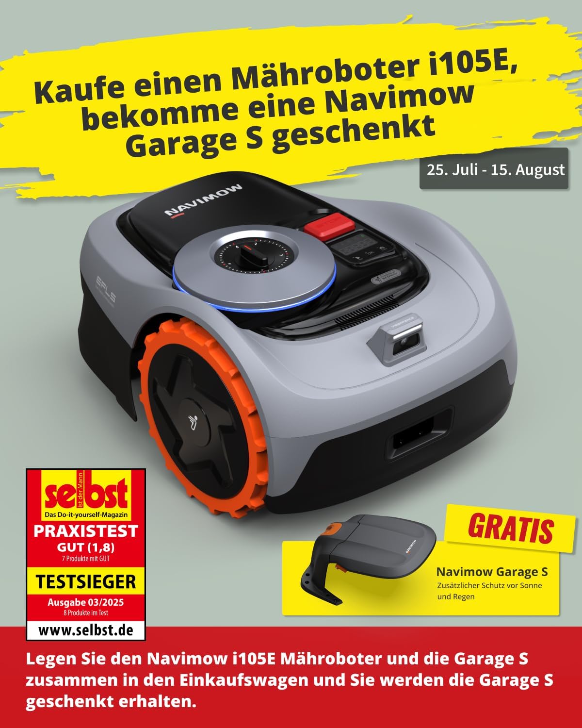 Navimow i105E Robotic Lawnmower without Boundary Cable, Reception 500 m², Max. 600 m², RTK+Vision Lawn Mower Robot Test Winner, Hedgehog Protection Lawn Robot, AI Car Mapping, Virtual Limiting,