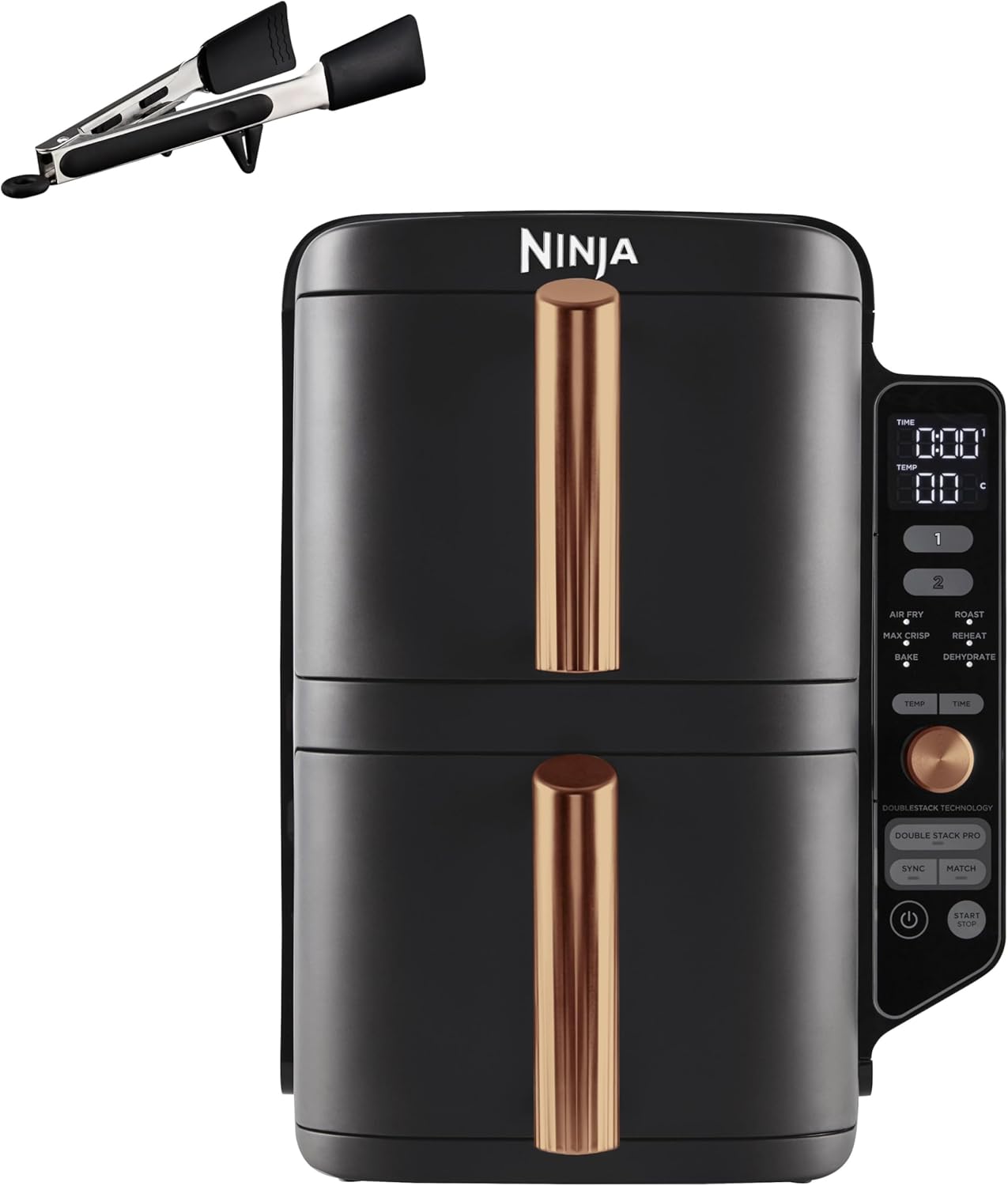 Ninja Double Stack XL Hot Air Fryer, 2 Vertical Drawers, 4 Cooking Levels, 2 Slots, Space Saving Design, 9.5L Capacity, 6 Functions, 8 Servings, Tongs, Black/Copper SL400EUCP