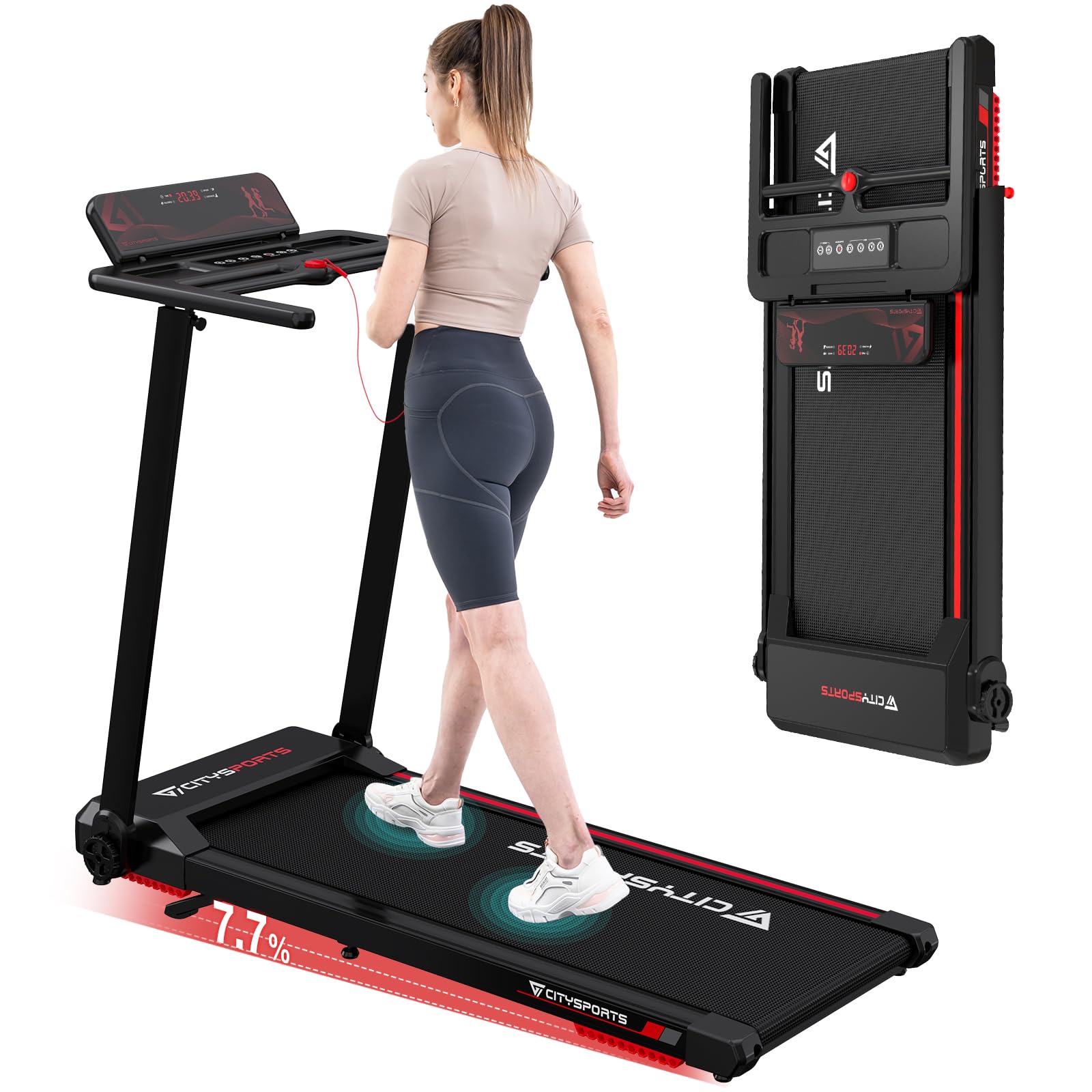 CITYSPORTS Electric Treadmill, Folding Treadmill for Home up to 12 km/h, with LED Display, App and 360° Tablet Holder, Compact Walking Pad for Home and Office