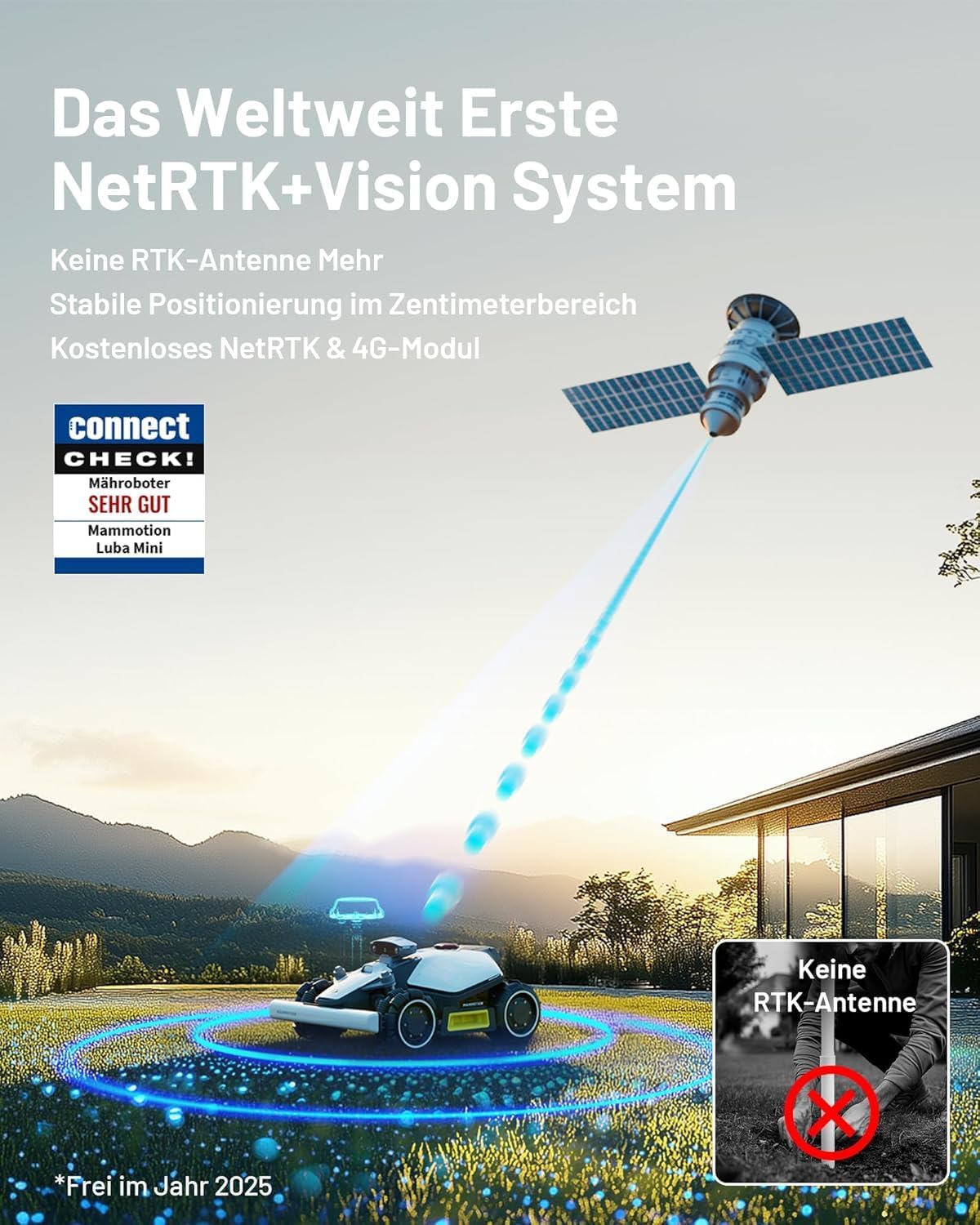 MAMMOTION LUBA mini AWD 800 Mähroboter ohne Begrenzungskabel, NetRTK+Vision, Keine RTK-Antenne erforderlich, Auto-Kartierung, Empf. 800m², Max. 1000m², mit 4G-Modul, 80% Steigung
