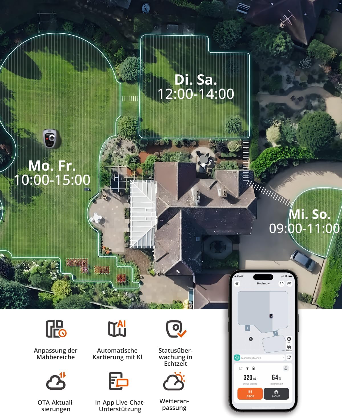 Navimow i105E Robotic Lawnmower without Boundary Cable, Reception 500 m², Max. 600 m², RTK+Vision Lawn Mower Robot Test Winner, Hedgehog Protection Lawn Robot, AI Car Mapping, Virtual Limiting,
