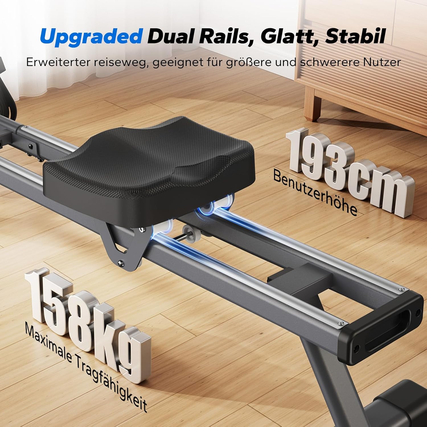 MERACH Rudergerät für Zuhause, 16 Widerstandsstufen, Leises Magnetisches Rudergerät, per App Verbindbar, Verbesserte Doppelschienen für Mehr Stabilität, Einfache Montage