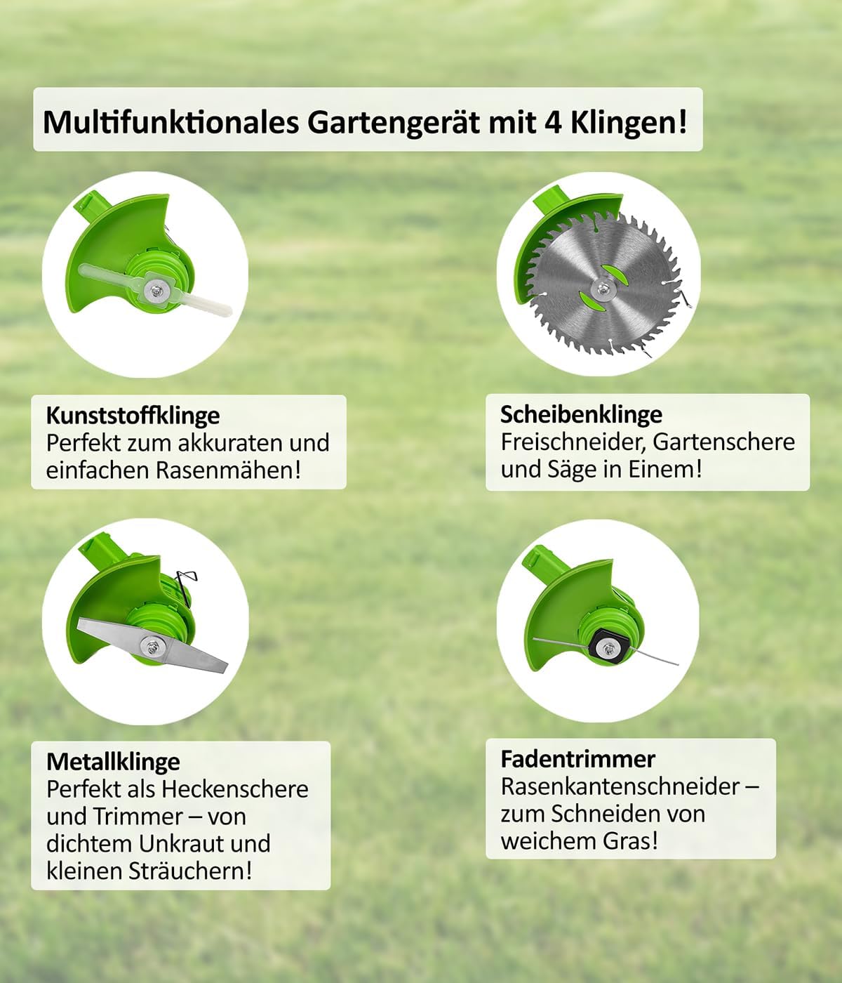 Genius Rotorazer 8 in1 Gartengerät Set 23-TLG. Akku Rasentrimmer Rasenkantenschneider Freischneider mit 2 Akku, Einstellbarer Schnitttiefe, 7 Messerscharfe Klinen, ausziehbare Teleskopstange, Garten