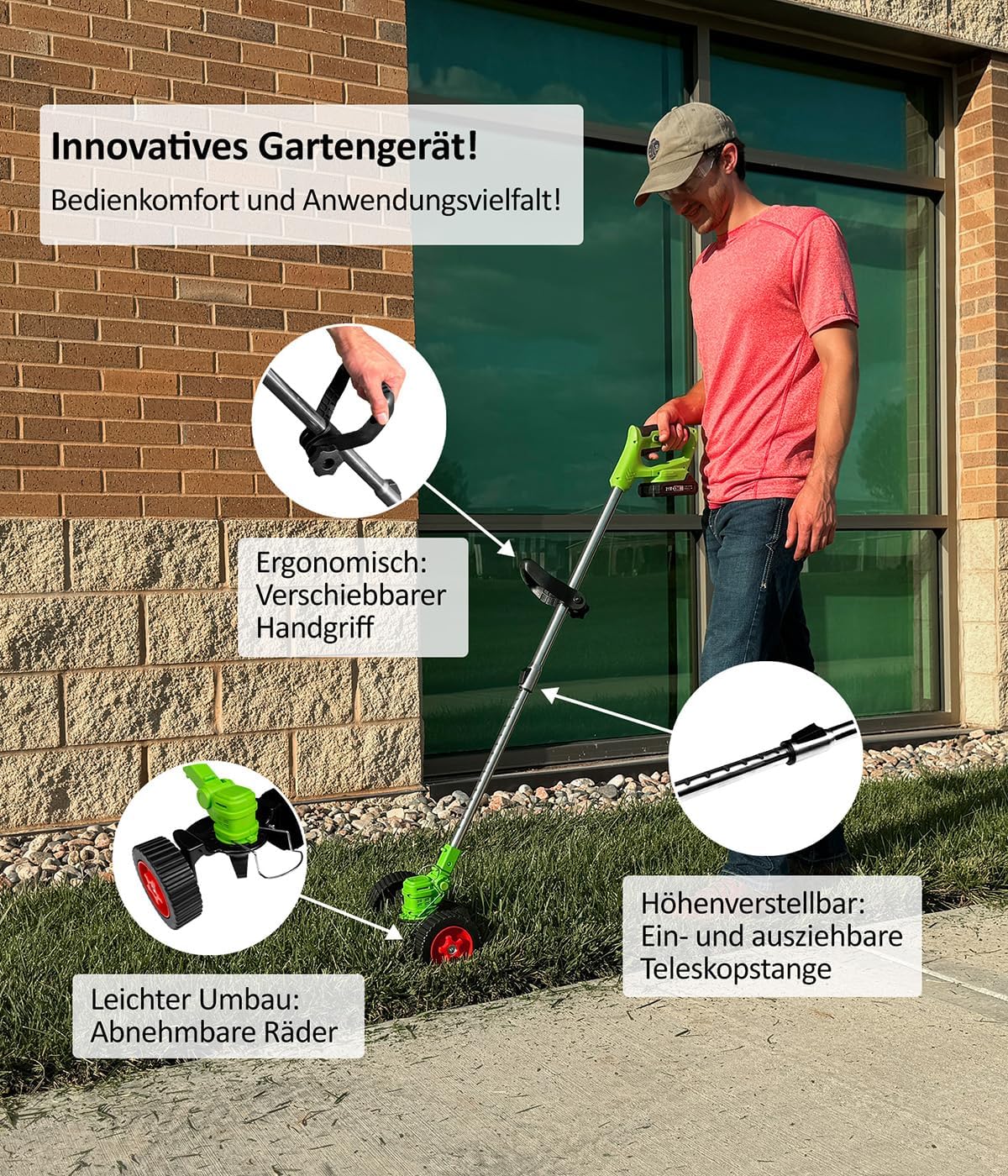 Genius Rotorazer 8 in1 Gartengerät Set 23-TLG. Akku Rasentrimmer Rasenkantenschneider Freischneider mit 2 Akku, Einstellbarer Schnitttiefe, 7 Messerscharfe Klinen, ausziehbare Teleskopstange, Garten