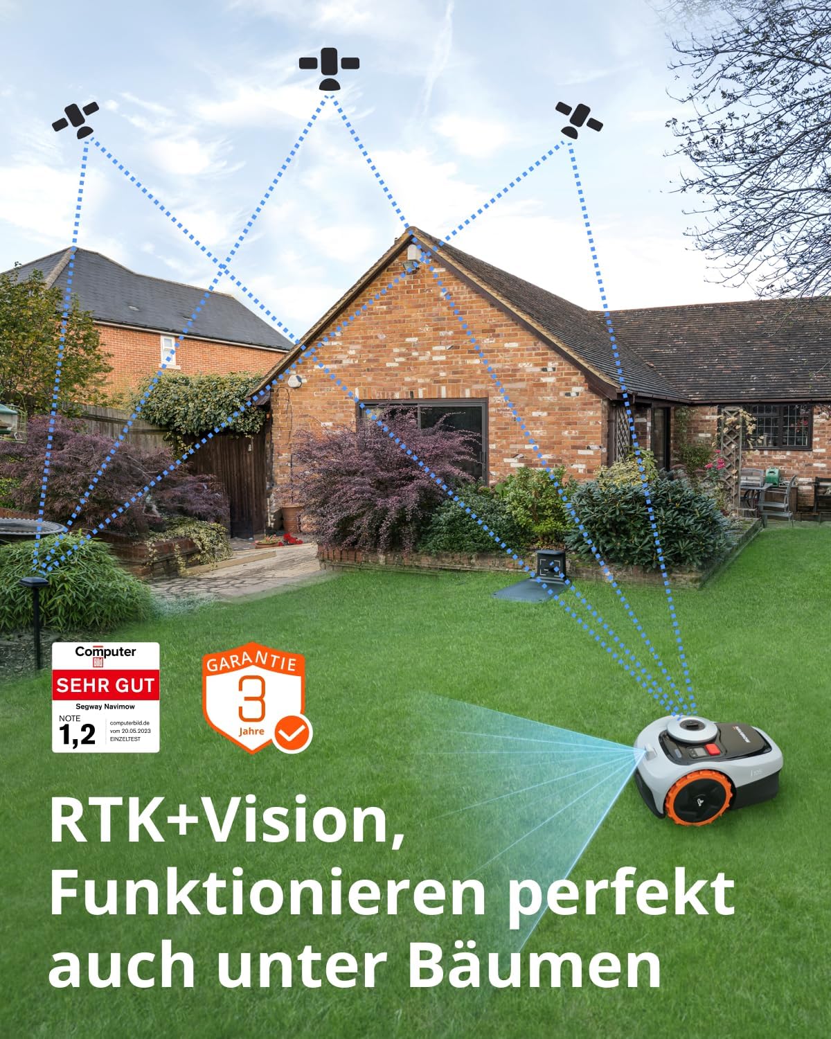 Navimow i105E Robotic Lawnmower without Boundary Cable, Reception 500 m², Max. 600 m², RTK+Vision Lawn Mower Robot Test Winner, Hedgehog Protection Lawn Robot, AI Car Mapping, Virtual Limiting,