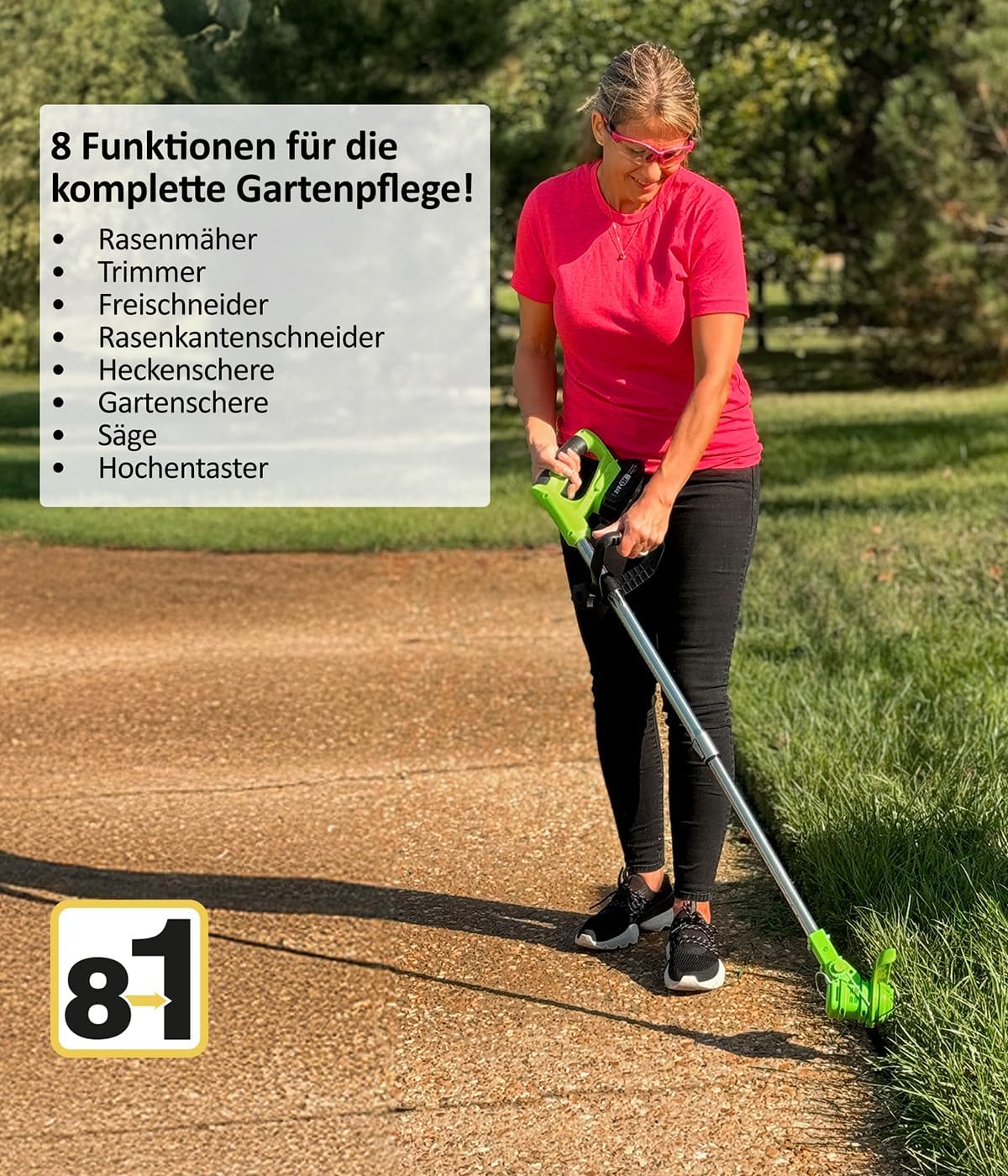 Genius Rotorazer 8 in1 Gartengerät Set 23-TLG. Akku Rasentrimmer Rasenkantenschneider Freischneider mit 2 Akku, Einstellbarer Schnitttiefe, 7 Messerscharfe Klinen, ausziehbare Teleskopstange, Garten