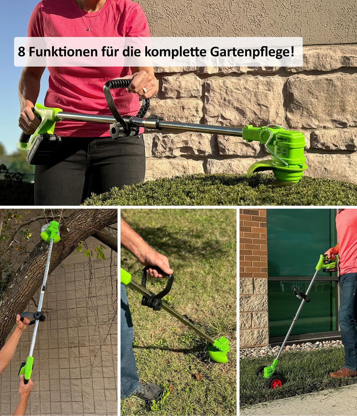 Genius Rotorazer 8 in1 Gartengerät Set 23-TLG. Akku Rasentrimmer Rasenkantenschneider Freischneider mit 2 Akku, Einstellbarer Schnitttiefe, 7 Messerscharfe Klinen, ausziehbare Teleskopstange, Garten